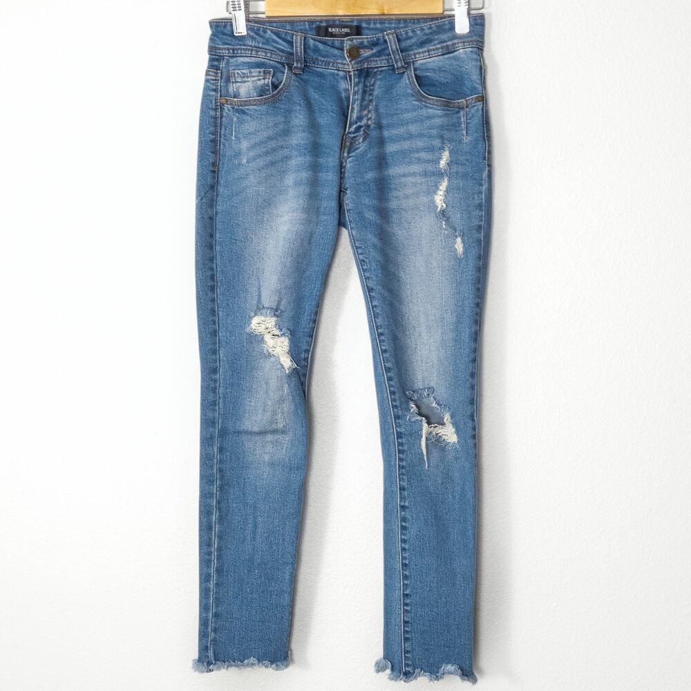Black Label Skinny Jeans Distressed Blue Raw Hem Size 25 Y2K Grunge